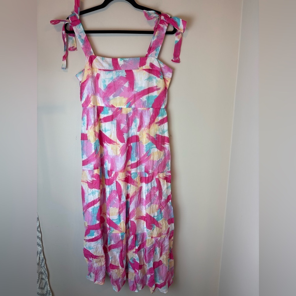 Blu Pepper Stitch Fix Tie Strap Brush Stroke Midi Dress Pink Yellow Size Large